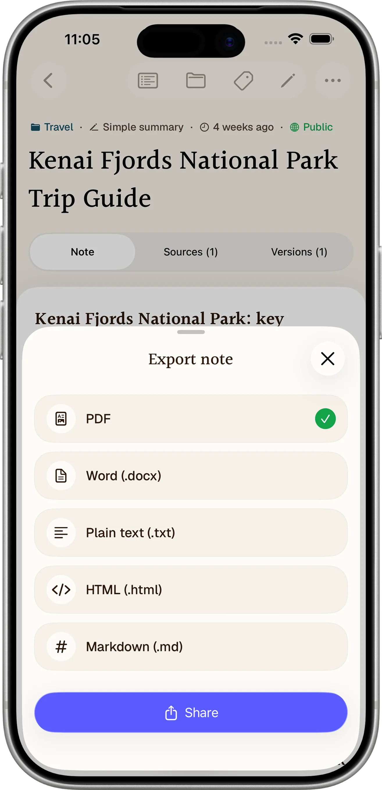 Notewarp note export options on iPhone