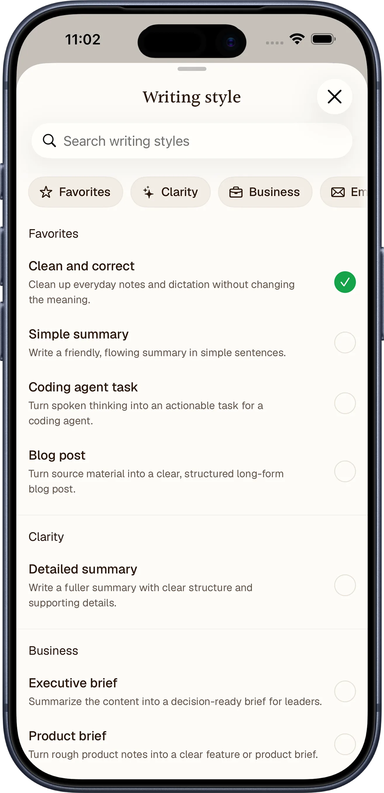 Notewarp writing style picker on iPhone